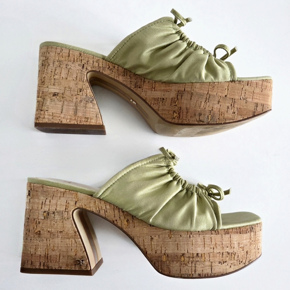 Sam Edelman Cork Platform Slip-On Sandals, Green Satin & Cork, EUC Size 9 - Picture 8 of 16